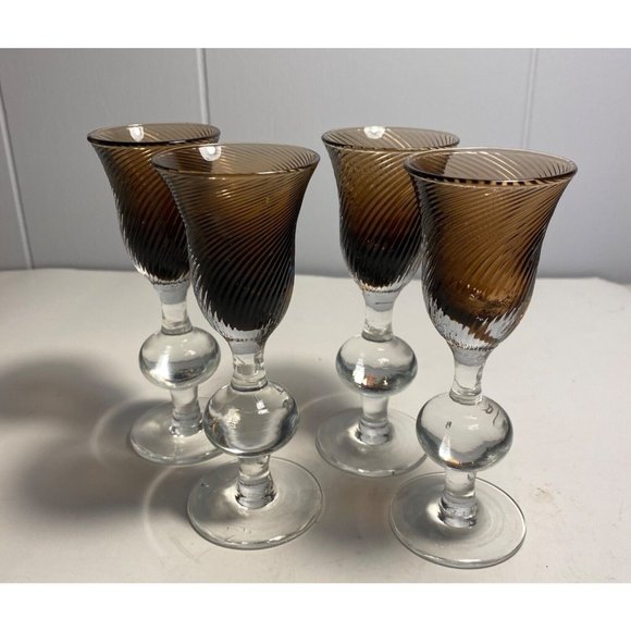 VTG NEIMAN MARCUS Hand Crafted Set Of 4 Amber Brown Swirl Stemmed Liquor glasses - Picture 1 of 6